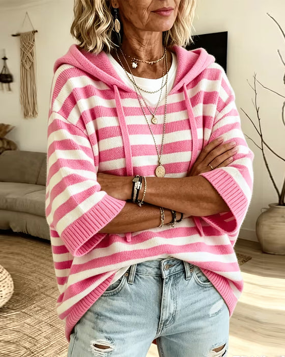 Sweater Stribe Hætte Løs Tre Kvart Ærme