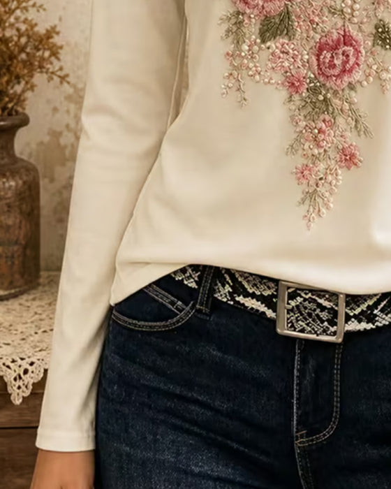 T-Shirt Lang Ærme V-Hals Blomstret
