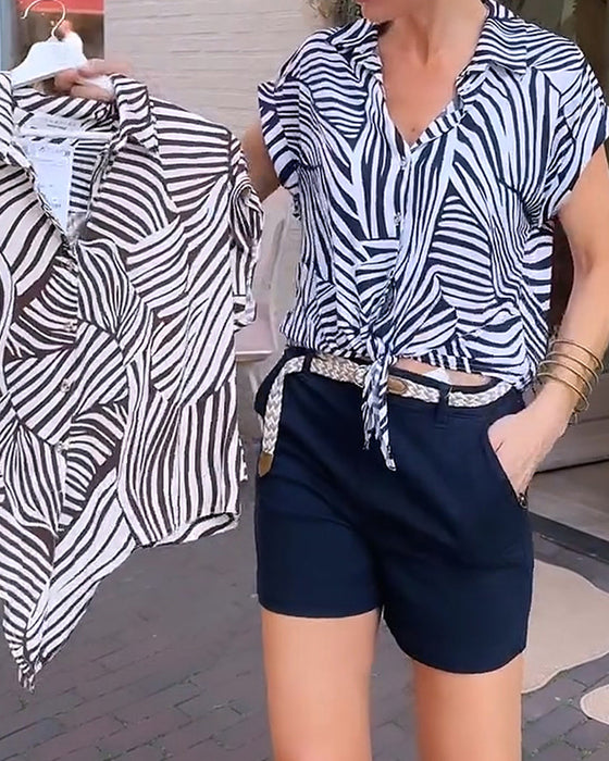 Bluse Zebra Tryk Revers Kort Ærme