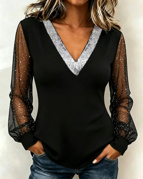 Bluse Stilfuld V-Hals Patchwork Lang Ærme