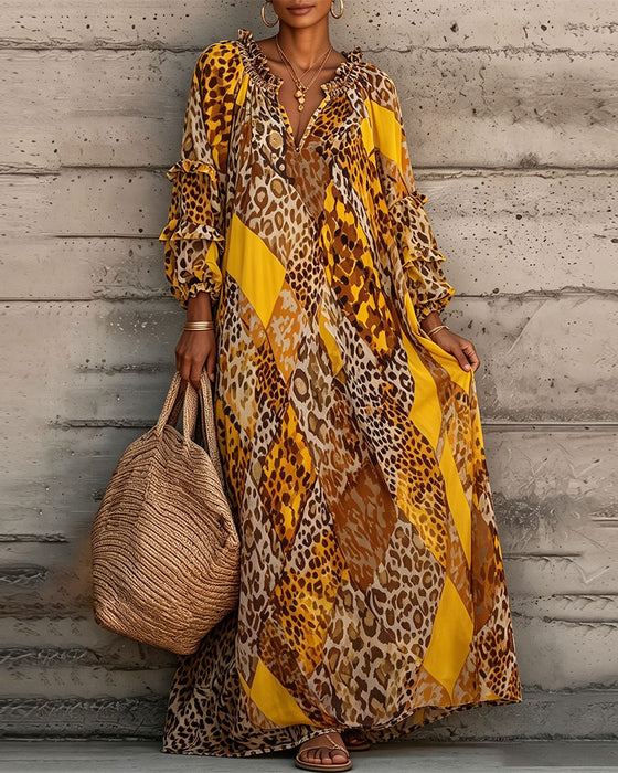 Kjole Leopard Farveblok Ruffle V-Hals