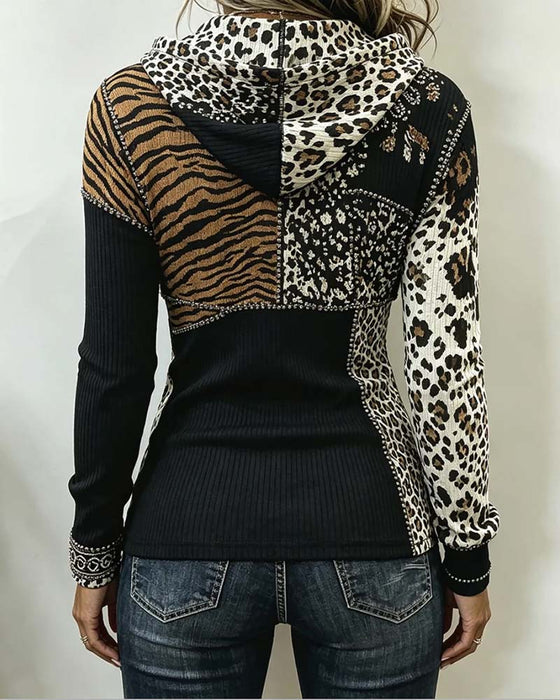 Top Leopard Patchwork Halv Lynlås Hætte