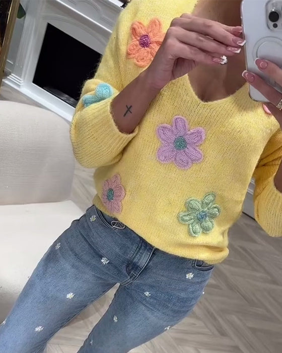 Pullover Langærmet Blomsterprint V-Udskæring