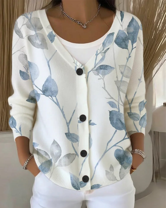 Pullover V-Hals Knap Blad Tryk