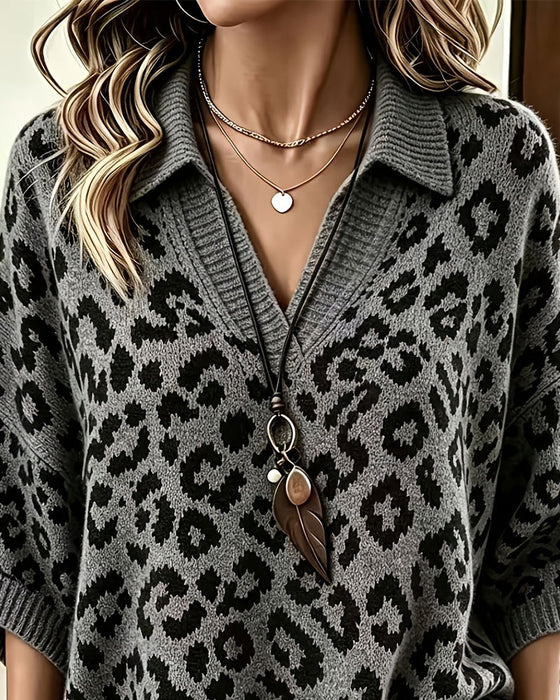 Pullover Med Krave V-Hals Leopardmønster Halværme Sweater