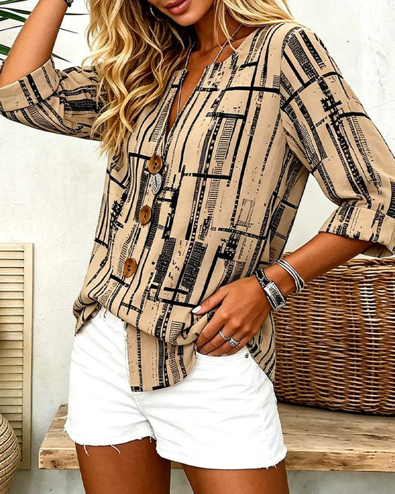 Bluse V-Hals Knappestrop Stribet