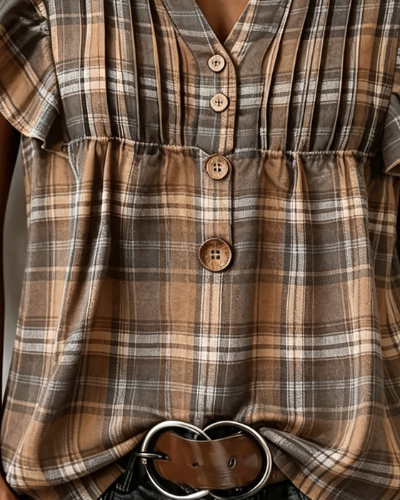Bluse Brun Gingham Flutter Ærme
