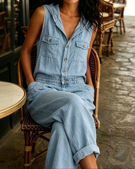 Jumpsuit I Vasket Denim Ærmeløs Med Hætte