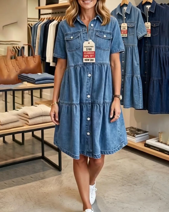 Kjole Denim Ruffle Lag Kort Ærme
