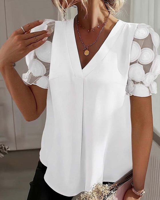 Bluse Puffærme Mesh V-Udskæring