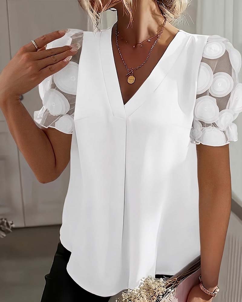 Bluse Puffærme Mesh V-Udskæring