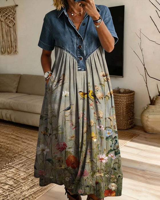 Kjole Skjortekrave Blomstret Denim Patchwork