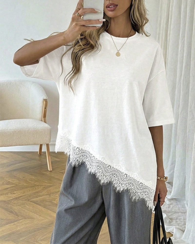 Bluse Asymmetrisk Blonde Sammensat Kant Korte Ærmer
