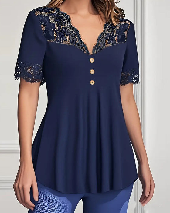 Bluse V-Hals Knipling Slank Kortærmet