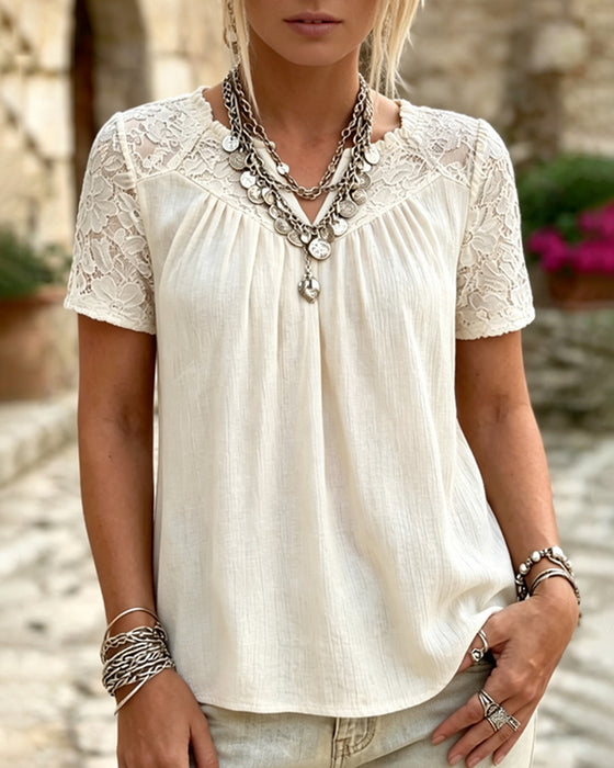 T-Shirt V-Hals Blonder Patchwork Kort Ærme