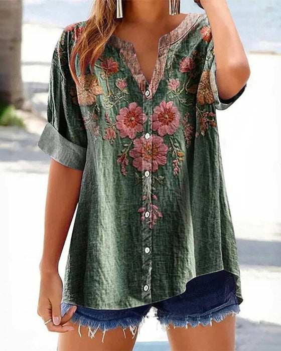 Bluse med modeprint og v-hals