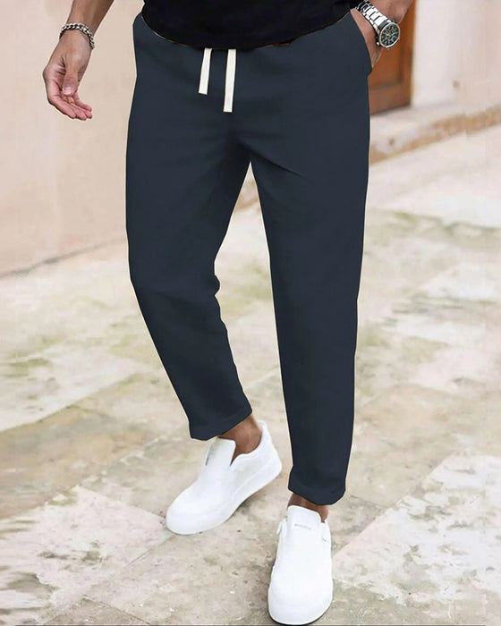 Herre Bukser Ensfarvet Snøre Slim Fit Croppet