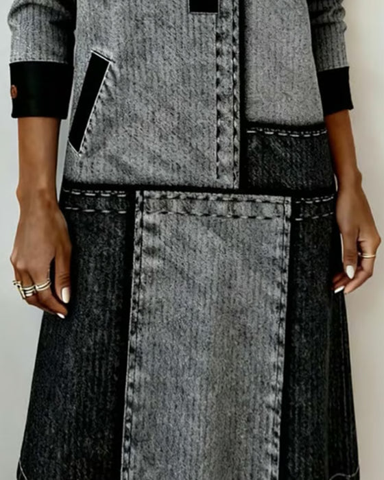 Kjole Knap Flip V-hals Farveblok Moderne