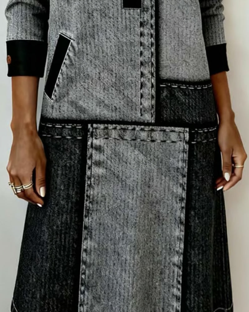 Kjole Knap Flip V-hals Farveblok Moderne