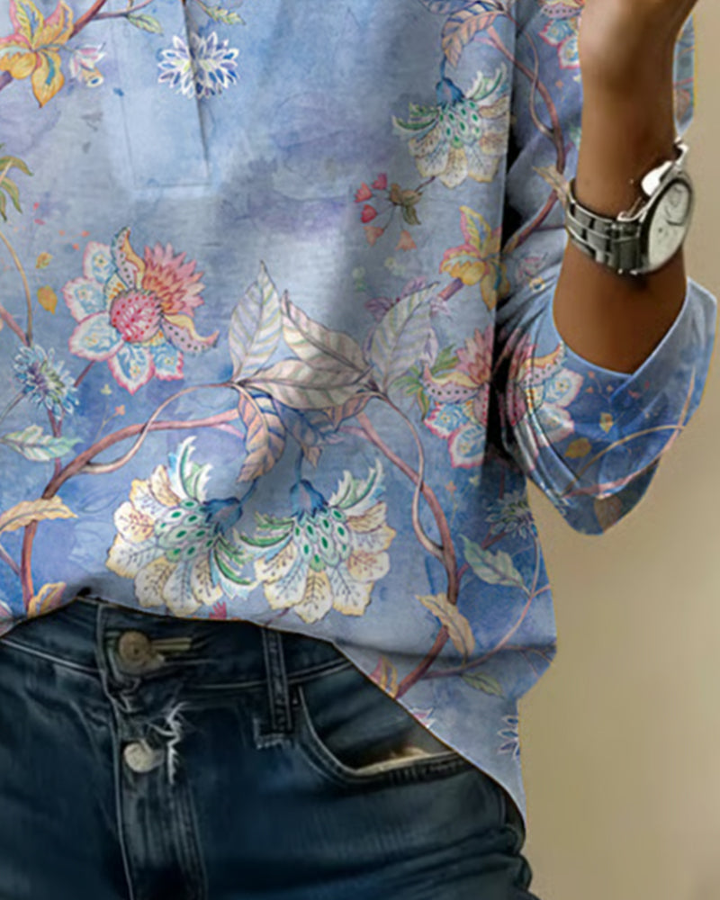 Bluse Stående Krave Langærmet Blomstret