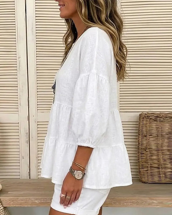 Bluse Rund Hals Baby Doll Lanterne Medium Ærme