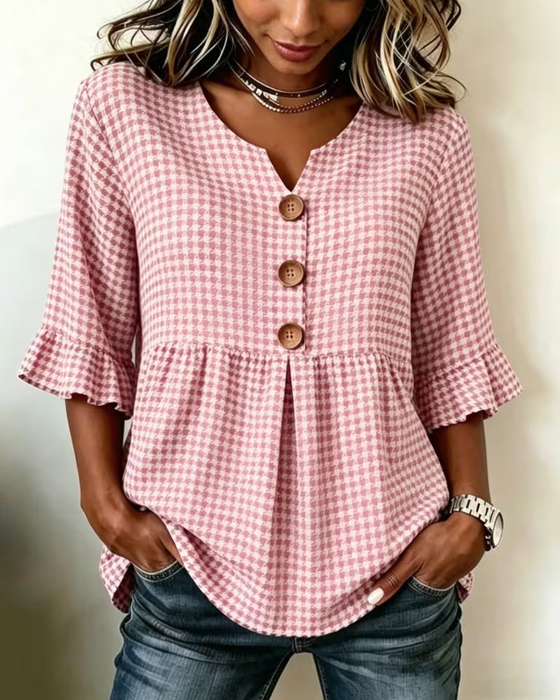 Bluse Houndstooth Treknap Afslappet