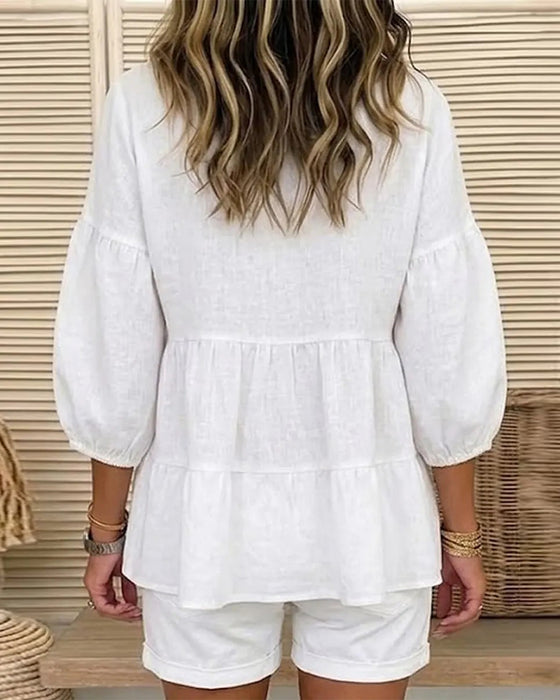 Bluse Rund Hals Baby Doll Lanterne Medium Ærme