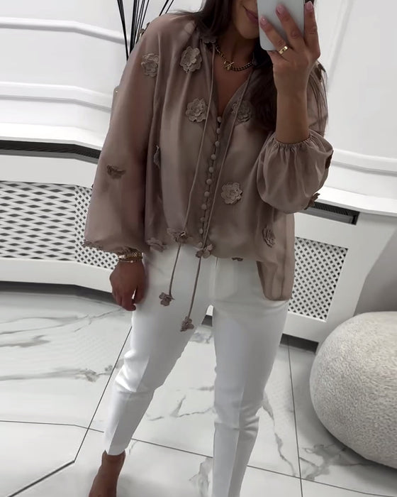 Bluse Ensfarvet 3D-Blomster Snøre