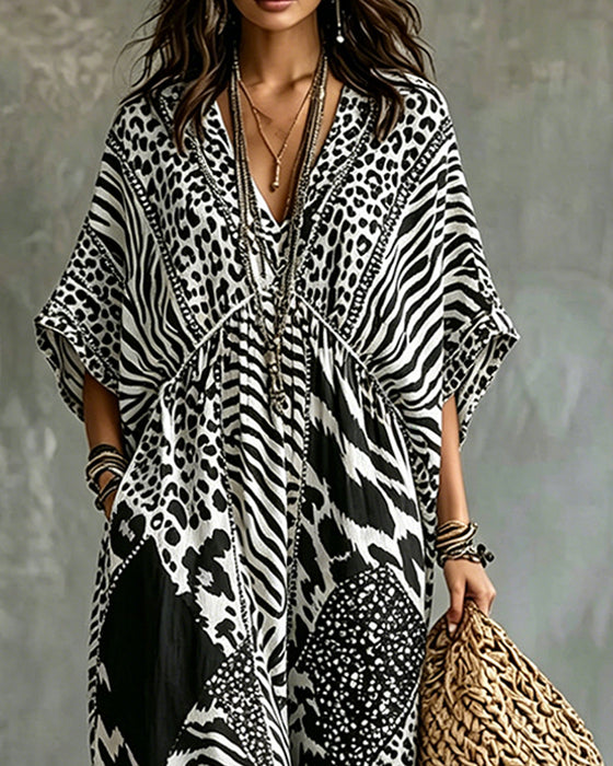 Kjole V-Hals Leopardprint Flagermusærme