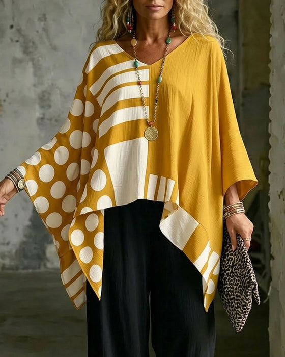 Bluse Polka Dot Stribe Patchwork V Halsudskæring