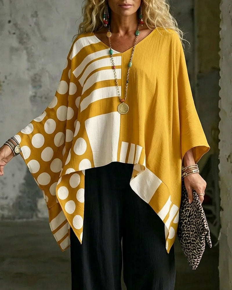 Bluse Polka Dot Stribe Patchwork V Halsudskæring