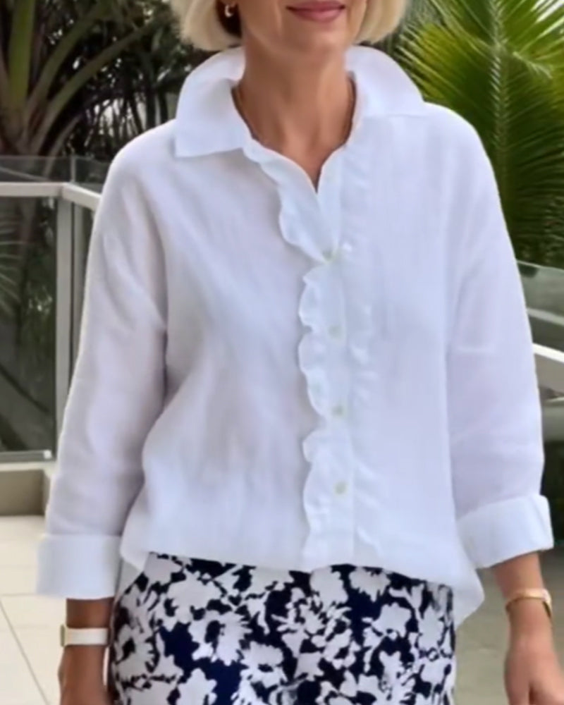 Bluse Rynket Langærmet Ensfarvet Krave