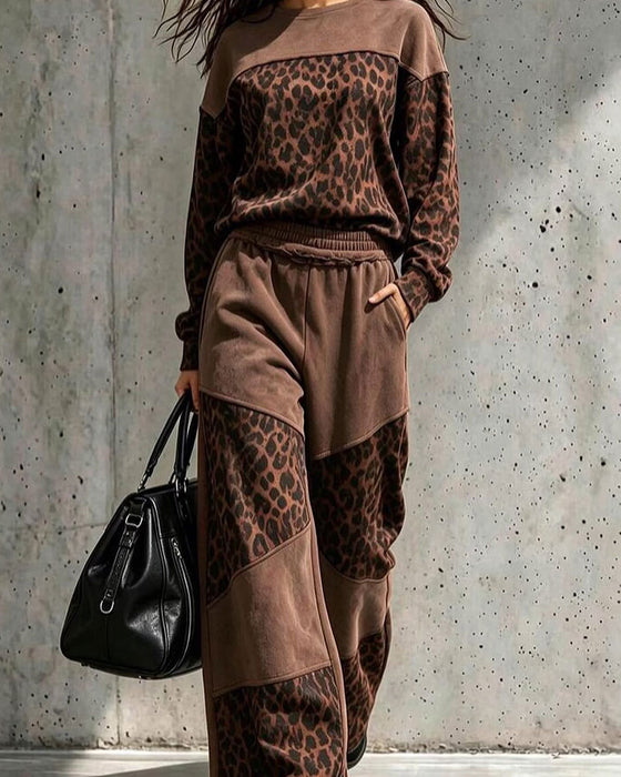 Sæt Leopardprint Patchwork Sweatshirt