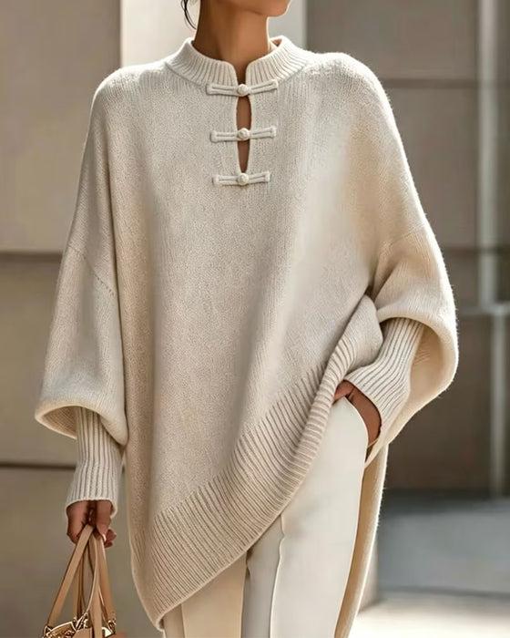 Pullover Mandarin Knude Knap Loose Fit Cape