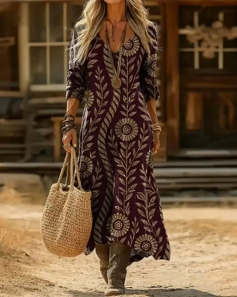 Kjole V-hals Bladtryk