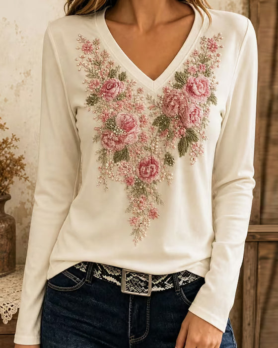 T-Shirt Lang Ærme V-Hals Blomstret