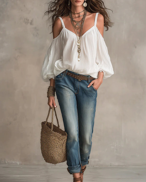 Bluse Off-Shoulder Puff Strop