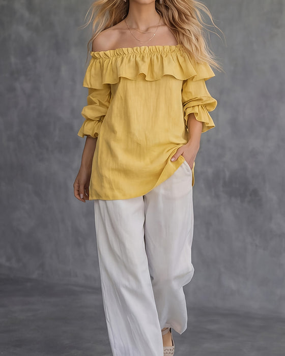 Bluse Off-Shoulder Ruffle Ensfarvet Løs