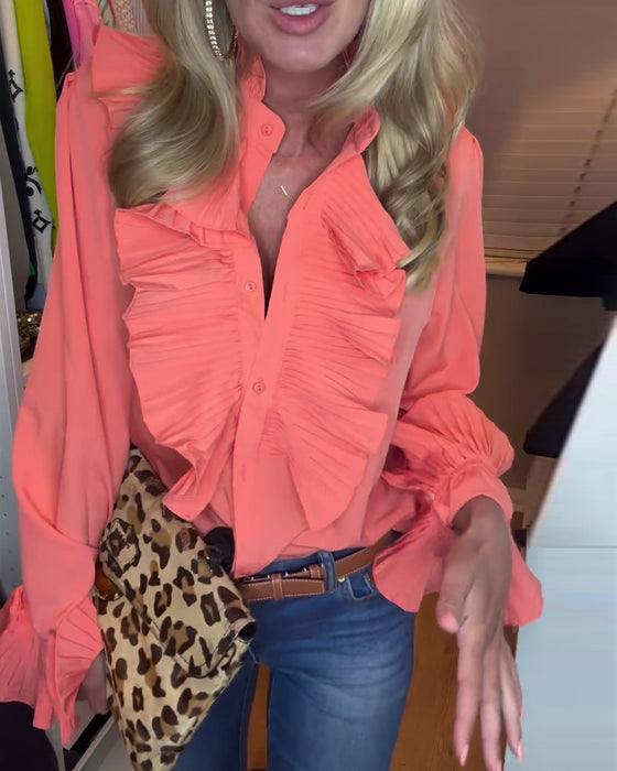 Orange langærmet  top med flæser