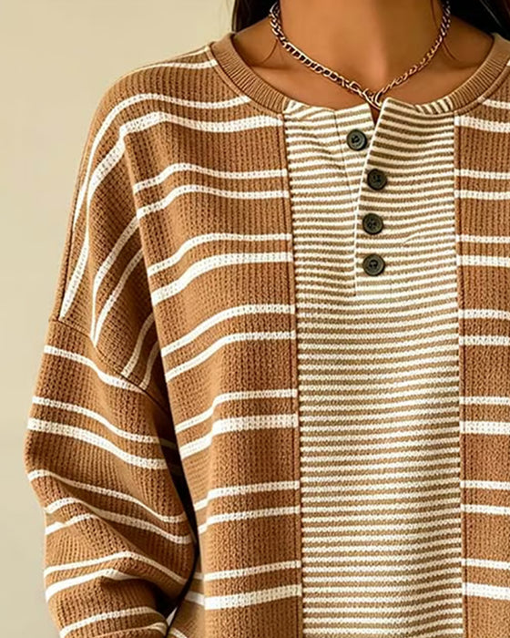 Sweatshirt Stribet Patchwork Lang Ærme Henley