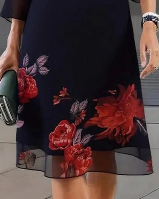 Kjole Rund Hals Sheer Blomstret Løs