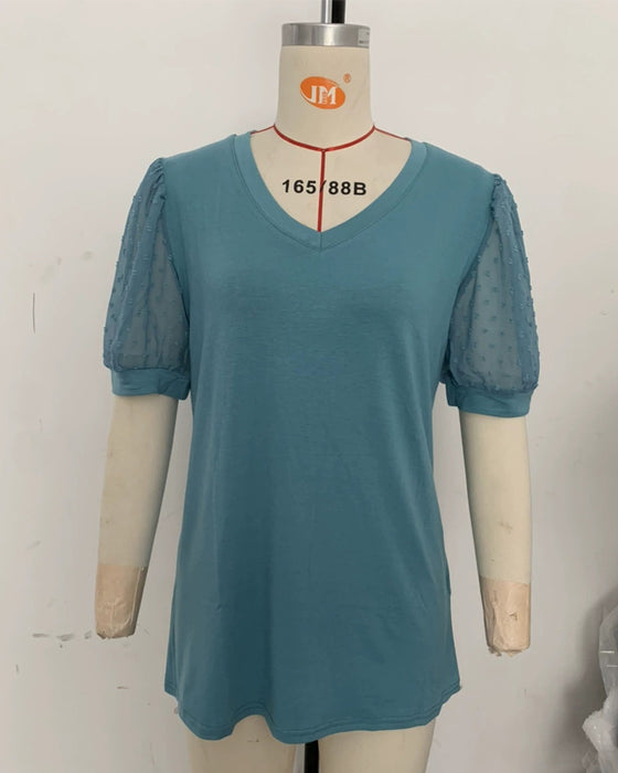 Bluse Ensfarvet Mesh Puffærme