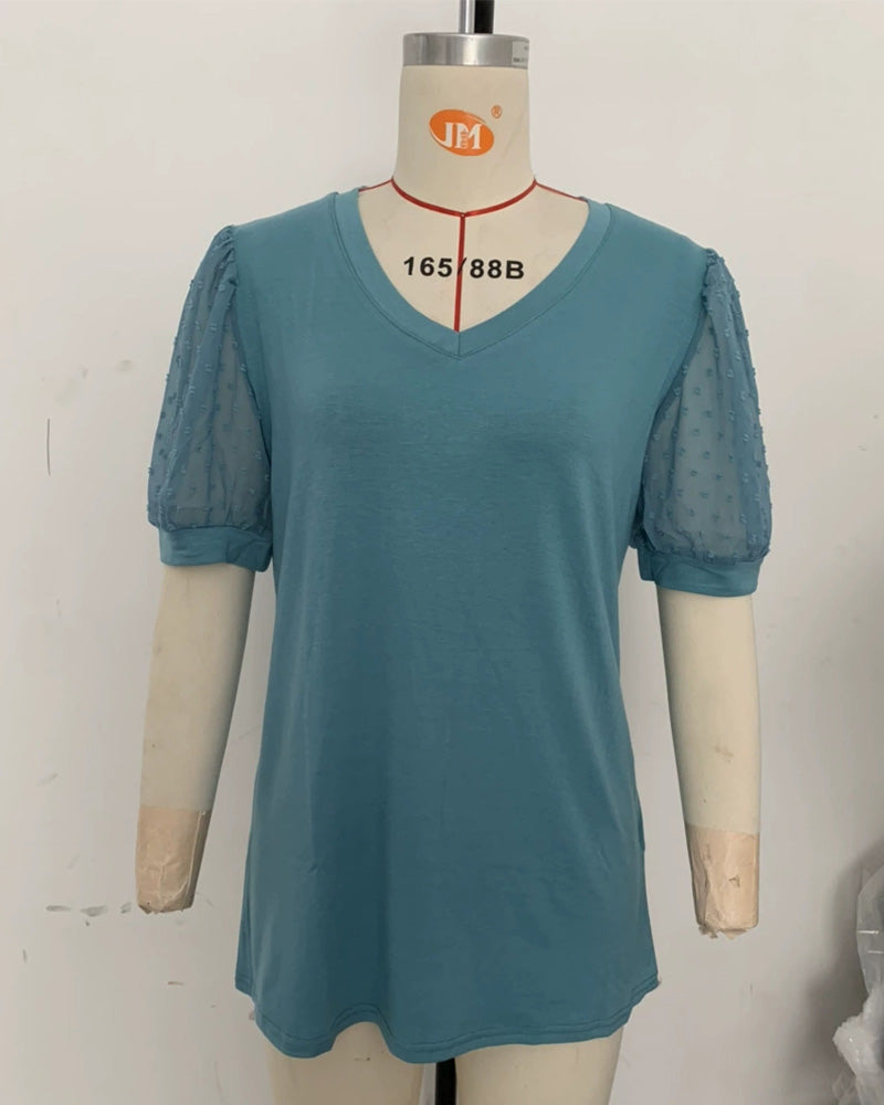 Bluse Ensfarvet Mesh Puffærme