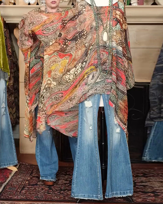 Bluse Løs Flagermuseærme Tryk