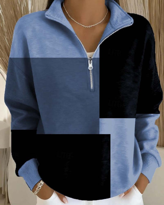 Sweatshirt Ternet Farveblok Lynlås Ståkrave