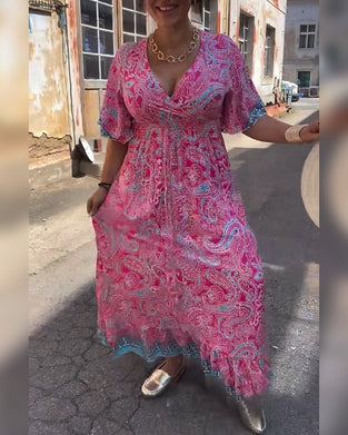 Kjole V-hals Trykt Talje