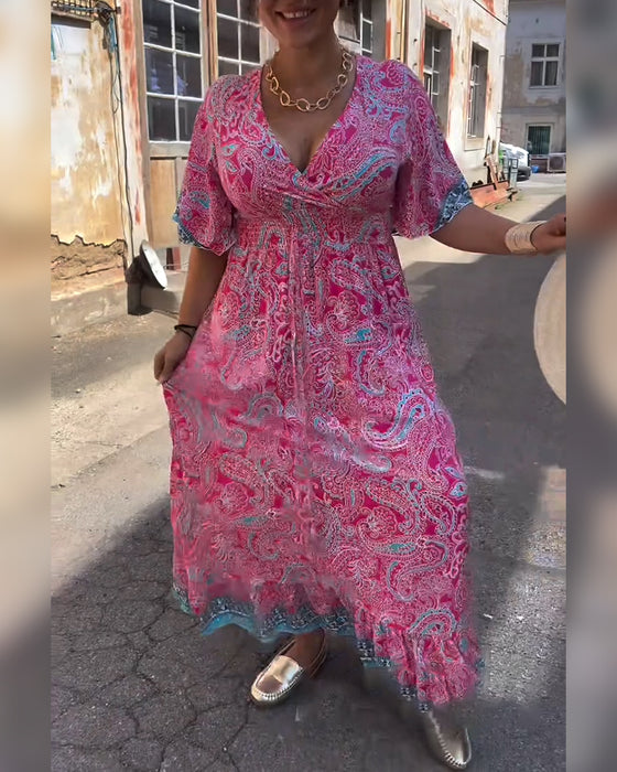 Kjole V-hals Trykt Talje