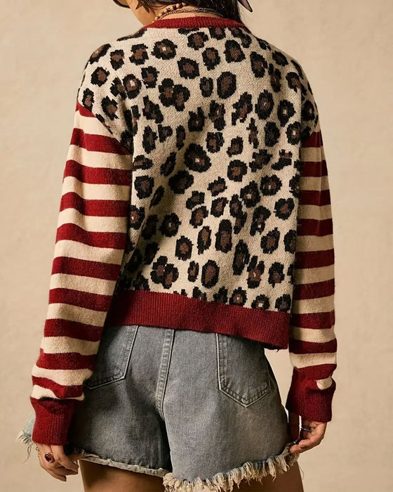 Cardigan Leopardstribe Farveblok Knap