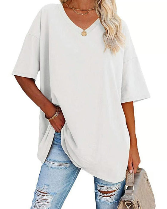 T-Shirt V-Hals Løs Afslappet Kort Ærme