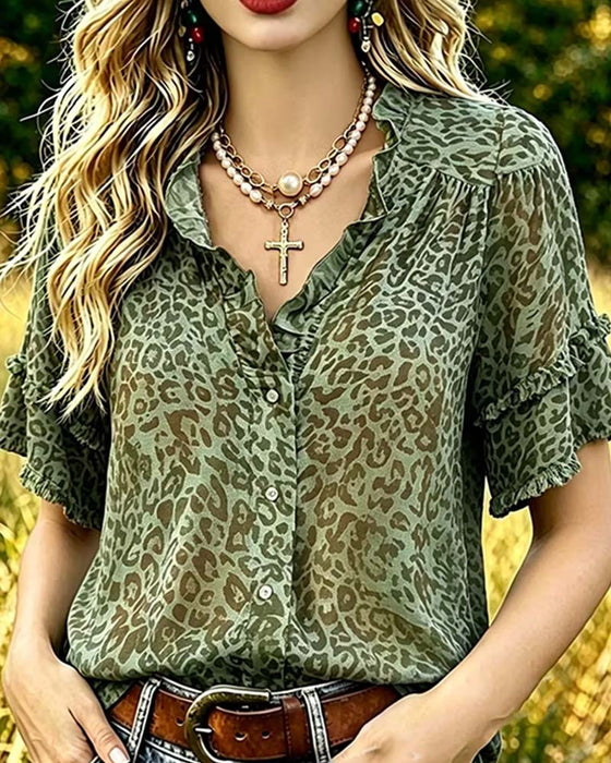 Bluse Grøntone Leopard Tryk Ruffle